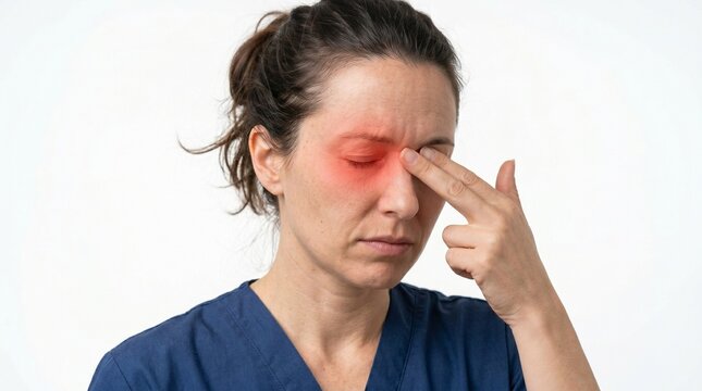 Woman suffering from eye pain. Female patient touching inflamed red eye area.