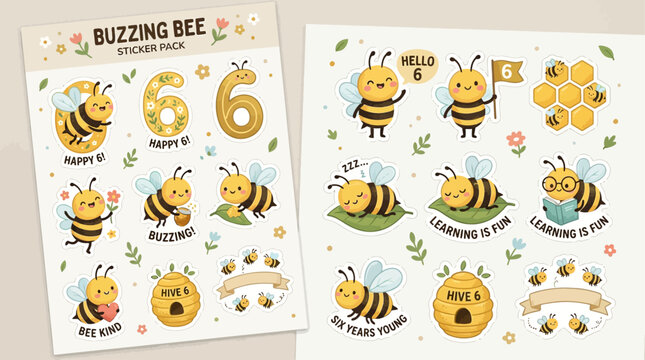 Cute buzzing bee sticker collection with honeycomb and flowers for kids