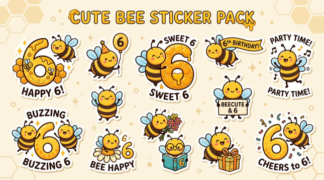 A collection of cute bee stickers with happy and buzzing bees celebrating a sixth birthday party with gifts and cheerful expressions.