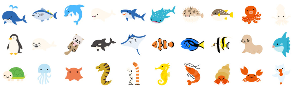 ポップでかわいい海の生き物のイラストアイコンセット