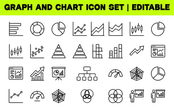 Graph and Chart Icon Set. Business Analytics, Statistics and Data Visualization Editable Line Vector Illustration