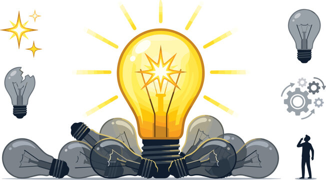 Big Glowing Lightbulb Vector Concept with Thinking Businessman Mind Gears Sparkles Broken Bulb and Dark Idea Elements for Creativity Graphic Designs