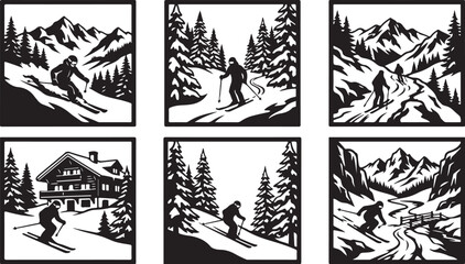Obraz premium Skiing icons, winter sports graphics, black and white, vector illustrations, ski resort, mountain landscape