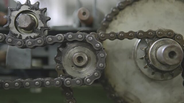 Close-up of Industrial Roller Chain and Metallic Sprocket Gear in Motion