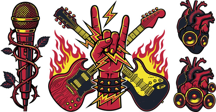 Heavy Rock and Heavy Metal Music Tattoo Vector Flash Set with Electric Guitars Microphone Wrapped in Thorns Flaming Horns Gesture and Speaker Hearts