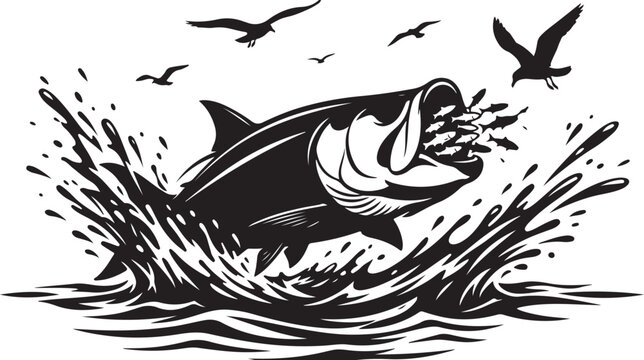 Black and white fish jumping out of water, dynamic aquatic scene, monochrome illustration, vector graphic