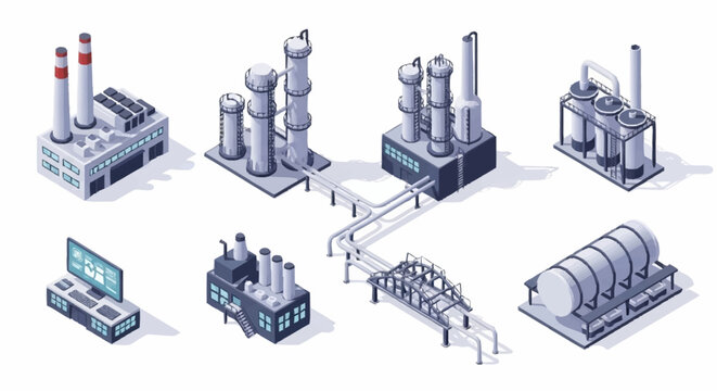 Isometric industrial factory buildings and equipment, including distillation towers, storage tanks, and control panel.