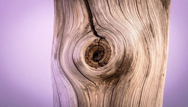 Weathered wood shows a knothole amidst swirls on a vertical post, against a soft violet backdrop