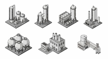 Collection of isometric industrial factory buildings and structures with silos and tanks. © Slamet