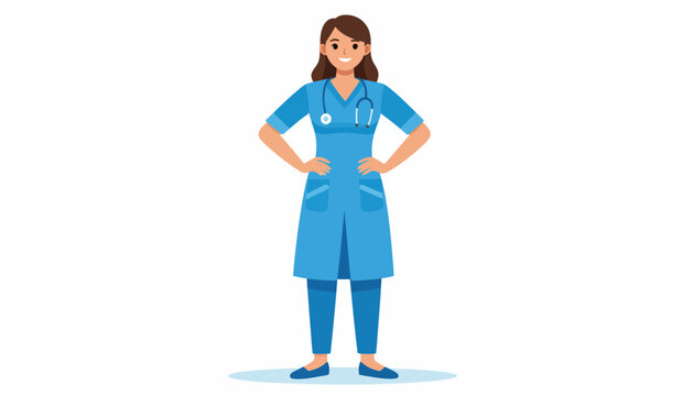 Female Nurse Wearing Blue Scrubs and Stethoscope.