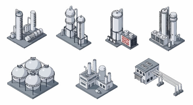 Set of isometric industrial factory buildings and structures, isolated on a white background.