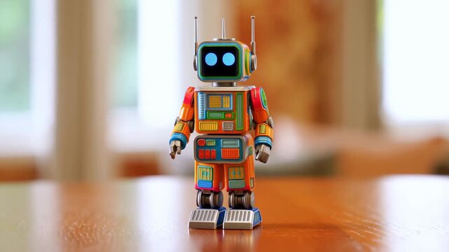 Colorful retro robot toy standing on a wooden table. Represents nostalgia, creativity, and the intersection of technology and playfulness