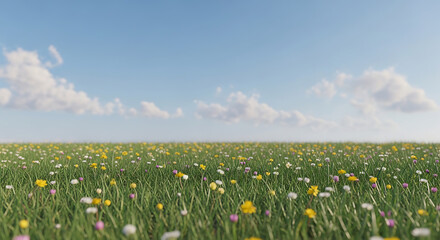 Fototapeta premium A serene landscape of a vast field of colorful flowers under a clear blue sky with fluffy clouds.