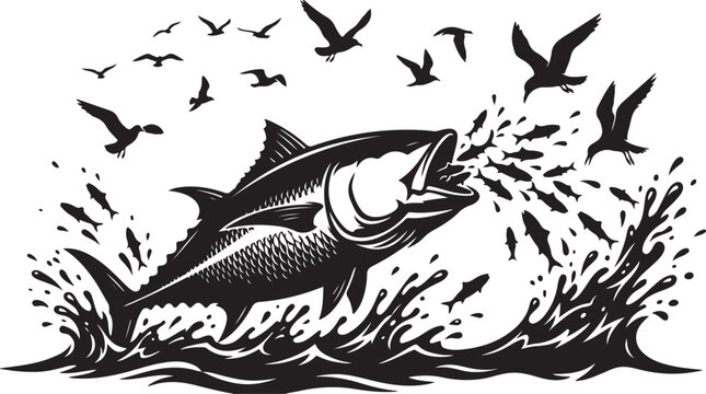 Tuna jumping, fish illustration, black and white vector, seafood icon, ocean wildlife