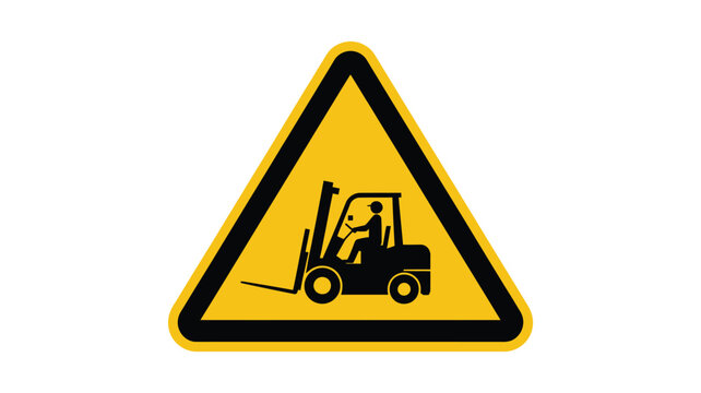 Yellow warning triangle sign with black silhouette of person operating forklift for industrial safety, warehouse hazard, and machinery operation concepts.