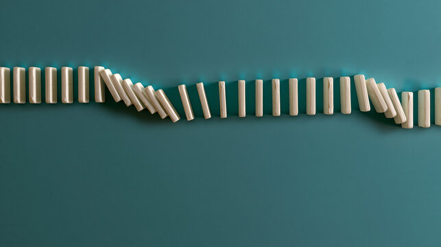 subsequent. Chain of dominoes with one missing piece, halting the cascade from above. safety posters, maintenance manuals, designed for industrial assembly lines and welding operations.