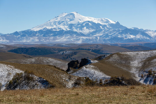 Panoramic view of the snow-capped mount Elbrus and foothills