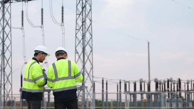 Corporate Asian engineering team working intently inside renewable clean electricity farm area. Safety helmet technical experts evaluating alternative green power utility.