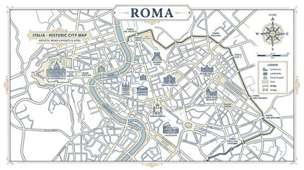 Historic rome city map with landmarks and artistic street layout © nanik