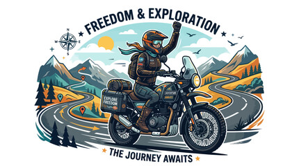 Adventurous woman riding motorcycle on winding mountain road © nanik