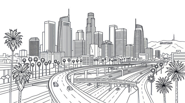 Downtown los angeles skyline with freeway and tropical palm trees