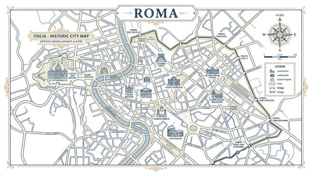 Historic rome city map with landmarks and artistic street layout