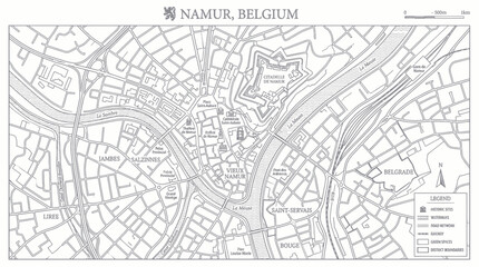 Obraz premium Detailed city map of namur belgium featuring historic landmarks
