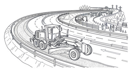 Obraz premium Motor grader and heavy machinery at highway road construction site