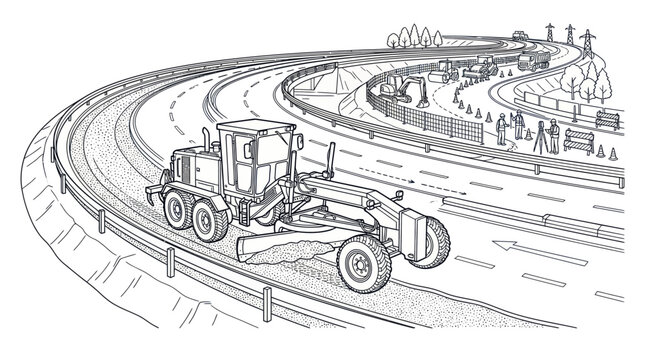 Motor grader and heavy machinery at highway road construction site