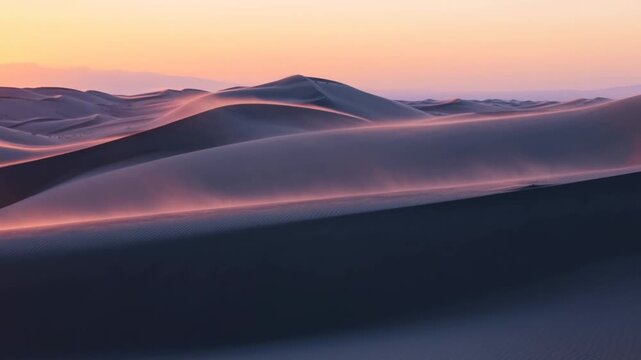 Serene desert landscape at sunrise with gentle sand dunes. Captivating natural beauty showcasing tranquility and the vastness of nature