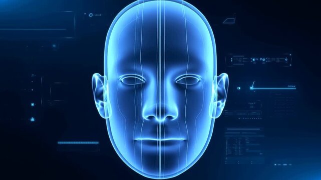 Futuristic digital human face with glowing blue lines and data overlays. Represents advancements in AI, technology, and digital identity