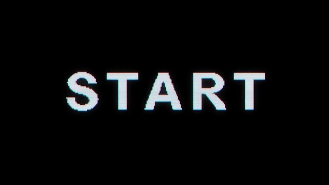Glitchy digital text displaying "START" on a black background. Represents the beginning of a digital experience or interactive media