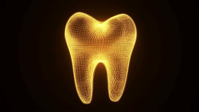 Abstract 3D wireframe representation of a tooth in glowing yellow. Visualizing dental health and the importance of oral hygiene in modern dentistry