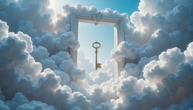 key suspended in clouds, framed by an ornate doorway, representing access and discovery in a surreal, dreamlike environment