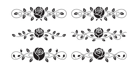 Set of six decorative rose flower dividers with swirls and leaves on isolated transparent background design. © Farik