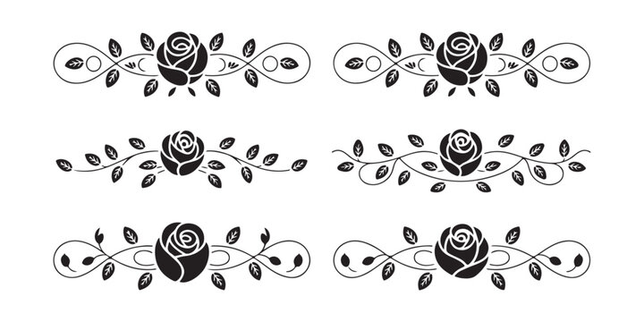 Set of six decorative rose flower dividers with swirls and leaves on isolated transparent background design.