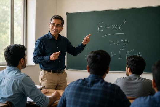 Male Teacher Explaining Physics Formula to Students in Classroom During Science Lesson and STEM Education Session