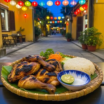  platter of Ga Nuong Mac Khen grilled chicken marinated in wild mountain pepper, showing charred skin, served with a zesty lime-salt dipping sauce and sticky rice on a table in a Hoi An alley glowing 