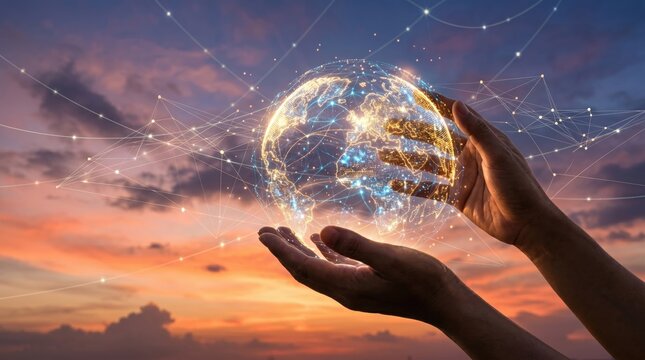 Hands holding digital earth globe with glowing network connections at sunset, global connectivity concept, internet of things