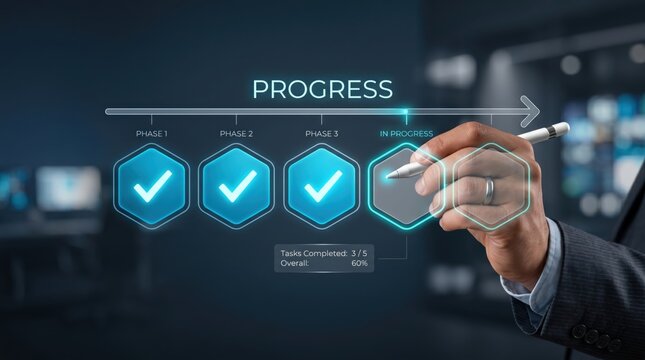 Hand drawing progress timeline with checkmarks on digital interface, project management workflow, task completion tracking
