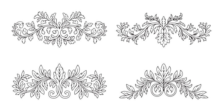 Set of four vintage acanthus leaf scrolls and floral ornaments, elegant decorative design elements.
