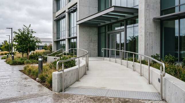 Modern Office Building Entrance with Concrete Wheelchair Accessibility Ramp and Contemporary Landscaping