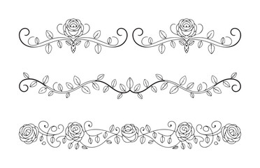 Elegant floral dividers and borders hand drawn rose vine elements decorative flourish swirls vintage style. © Farik