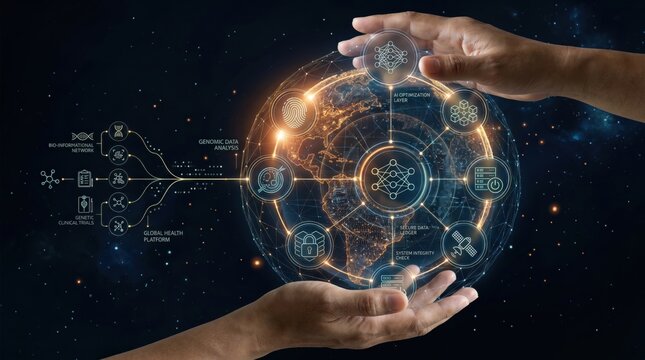 Hands holding digital earth globe with global network icons representing big data analytics, AI optimization