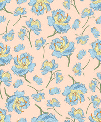Fototapeta premium peonies flower vintage on pink seamless pattern with flowers painted color line hand draw , line art , wildflower tiny flower ,botanical pastel retro and soft color