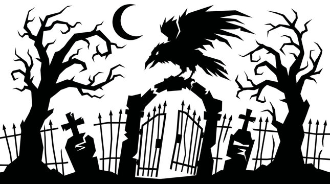 Spooky silhouette illustration of a raven perched on a gothic cemetery gate between bare trees and gravestones under a crescent moon.