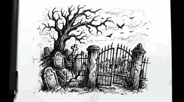 Detailed ink drawing of a foreboding graveyard entrance featuring a gnarled tree, weathered gravestones, and ominous flying crows.