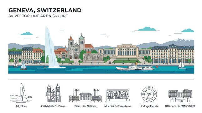 Geneva city skyline with jet d'eau and historic landmarks