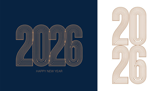 Happy new year 2026 elegant gold multiline outline typography on navy and white background
