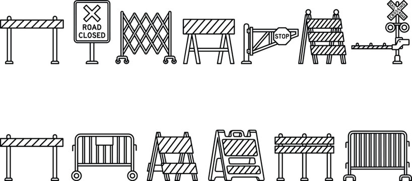 Road Construction Barriers and Traffic Control Safety Line Icons Set for Navigation App Map Designs